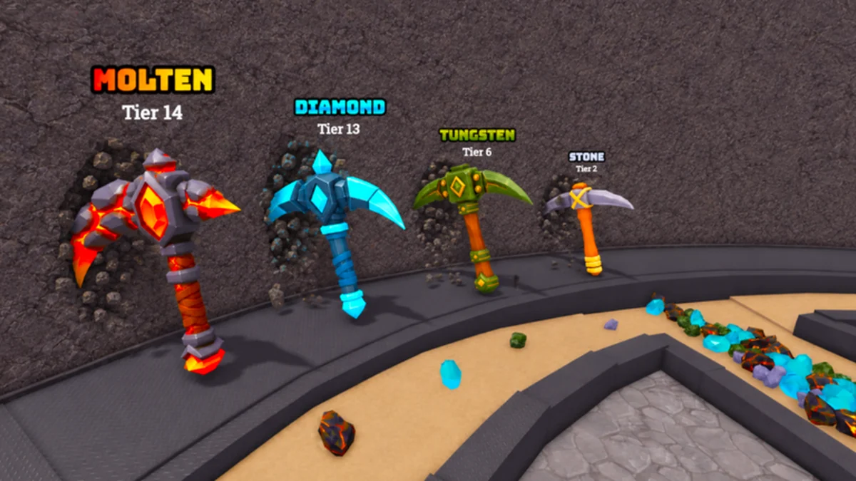 Official Pickaxe Tycoon artwork showing later pickaxe tiers